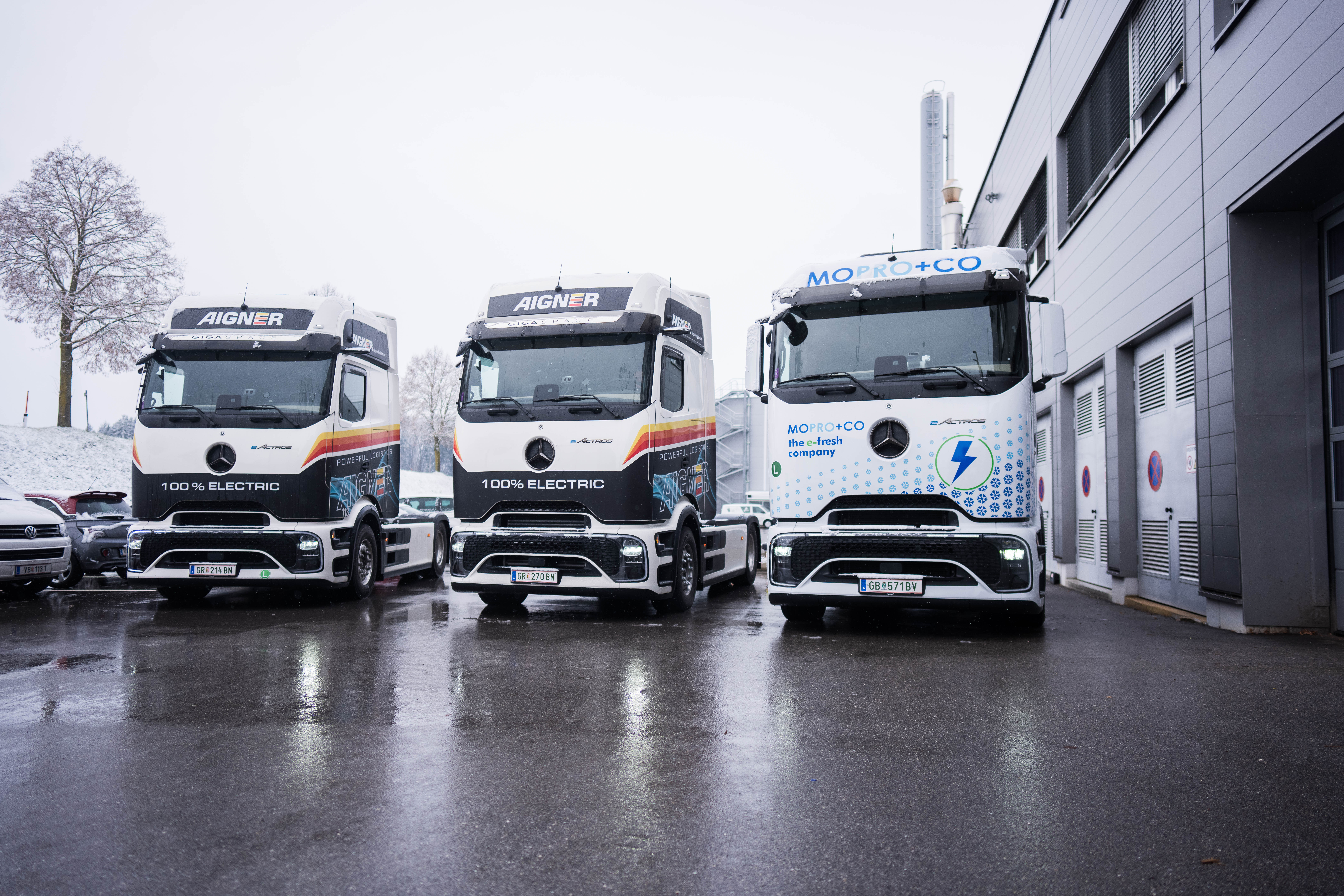 Rielaboratore giornalistico per comunicati stampa ha detto: Inaugurazione della nuova flotta di camion elettrici e della stazione di ricarica presso il centro logistico Lidl di Laakirchen, alla presenza dei vertici di Lidl Austria e Daimler Truck.