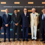 Annuncio della partnership tra Pirelli e BKT. Da sinistra a destra: Giuliano Menassi, Andrea Casaluci, Rajiv Poddar, Antonio Bartoli, Marco Tronchetti Provera e Satish Sharma.